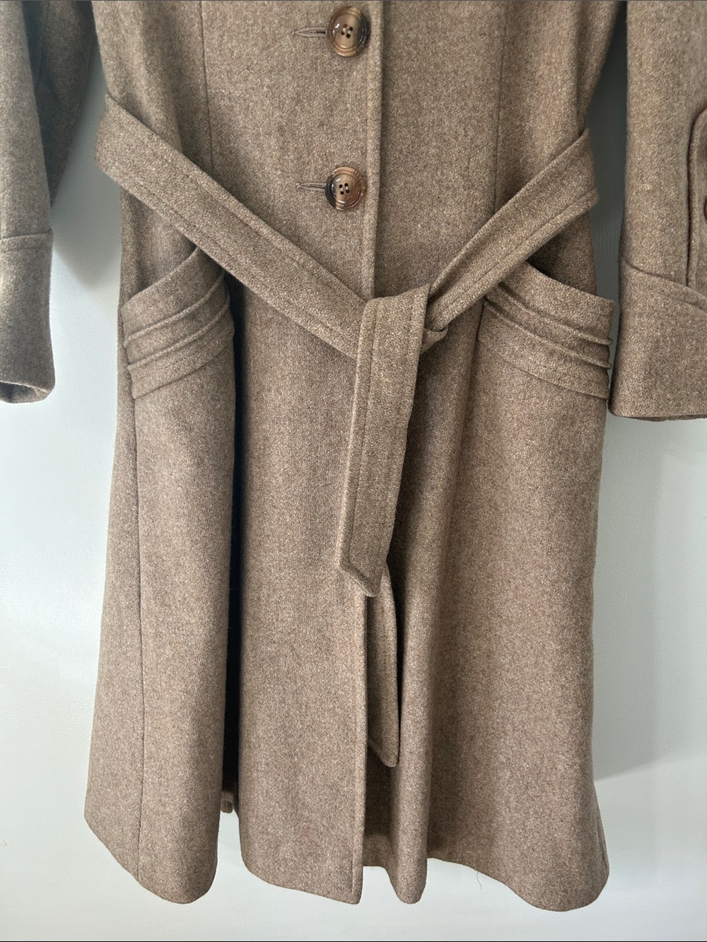 Vintage Wool Trench Coat Long Fit & Flare Belted Button Detail & Detachable Hood - Picture 3 of 16